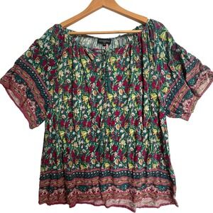 Cynthia Rowley Woman 2X Boho Floral Peasant Top Teal Pink Rayon Blouse